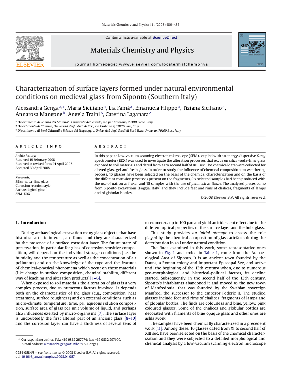 Characterization of surface layers formed under natural environmental conditions on medieval glass from Siponto (Southern Italy)