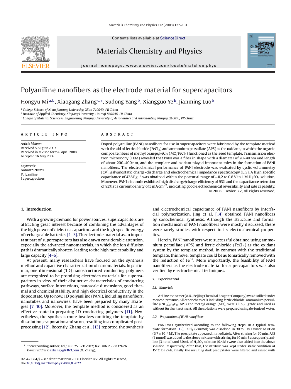 Polyaniline nanofibers as the electrode material for supercapacitors