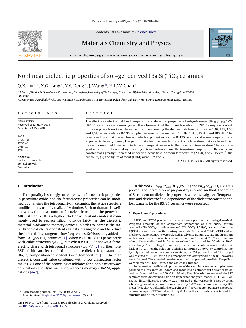 Nonlinear dielectric properties of sol-gel derived (Ba,Sr)TiO3 ceramics