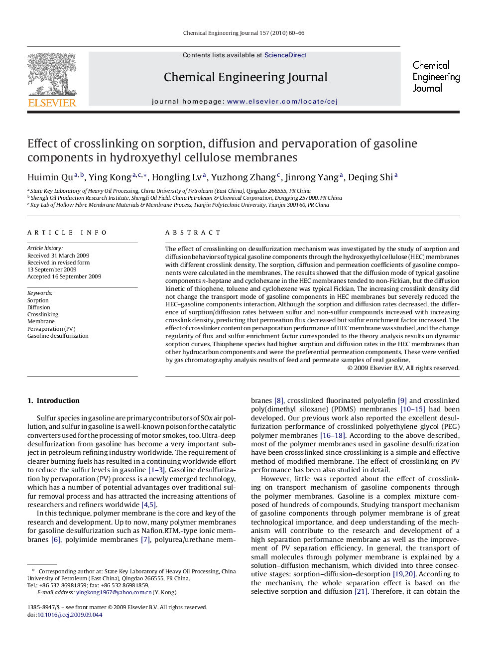 Effect of crosslinking on sorption, diffusion and pervaporation of gasoline components in hydroxyethyl cellulose membranes