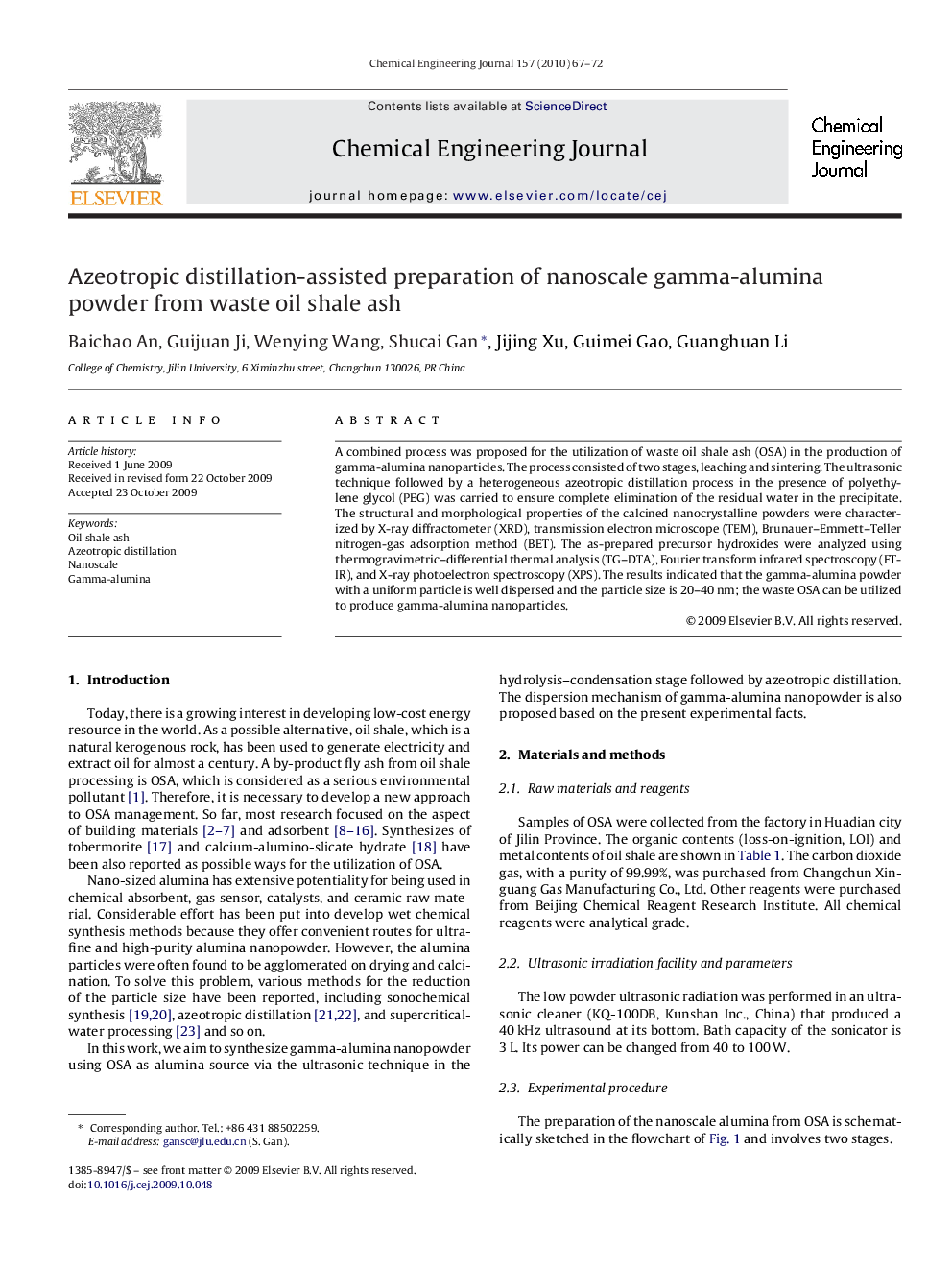 Azeotropic distillation-assisted preparation of nanoscale gamma-alumina powder from waste oil shale ash