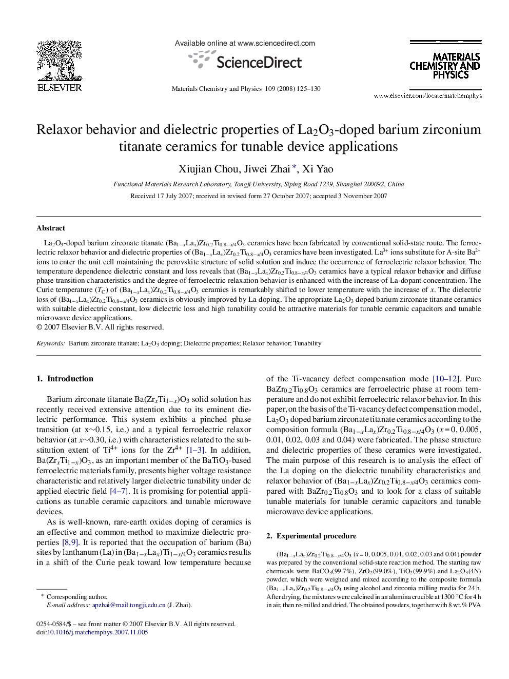 Relaxor behavior and dielectric properties of La2O3-doped barium zirconium titanate ceramics for tunable device applications