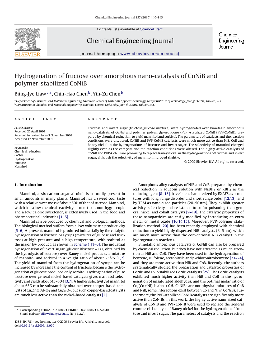 عکس صفحه اول مقاله: Hydrogenation of fructose over amorphous nano-catalysts of CoNiB and polymer-stabilized CoNiB Hydrogenation of fructose over amorphous nano-catalysts of CoNiB and polymer-stabilized CoNiB