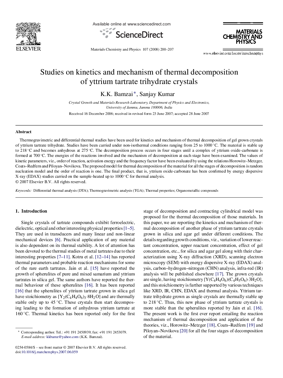 Studies on kinetics and mechanism of thermal decomposition of yttrium tartrate trihydrate crystals