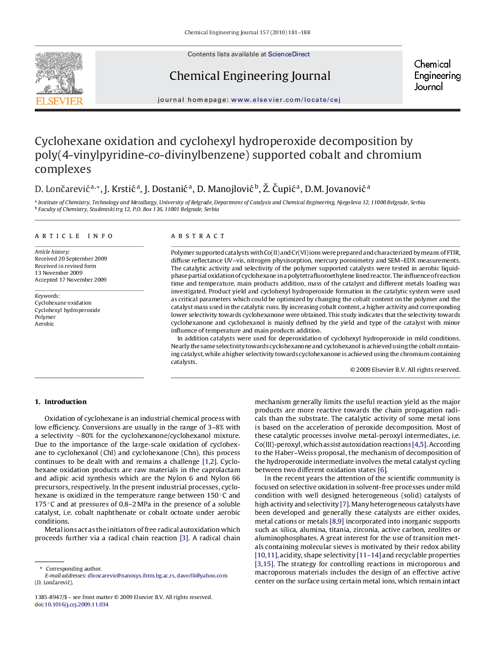 Cyclohexane oxidation and cyclohexyl hydroperoxide decomposition by poly(4-vinylpyridine-co-divinylbenzene) supported cobalt and chromium complexes