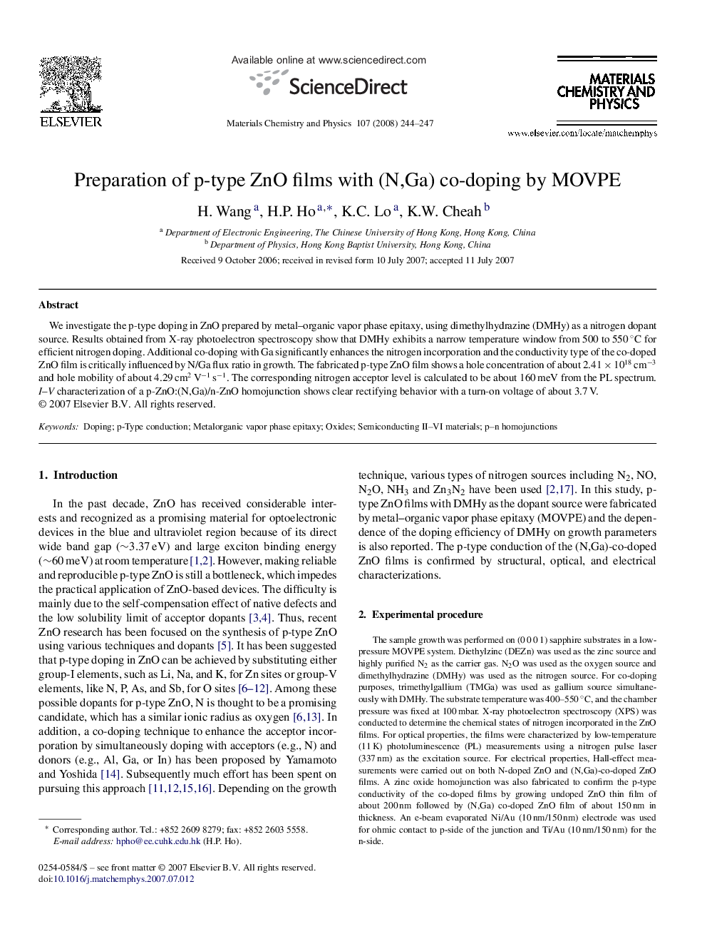 Preparation of p-type ZnO films with (N,Ga) co-doping by MOVPE