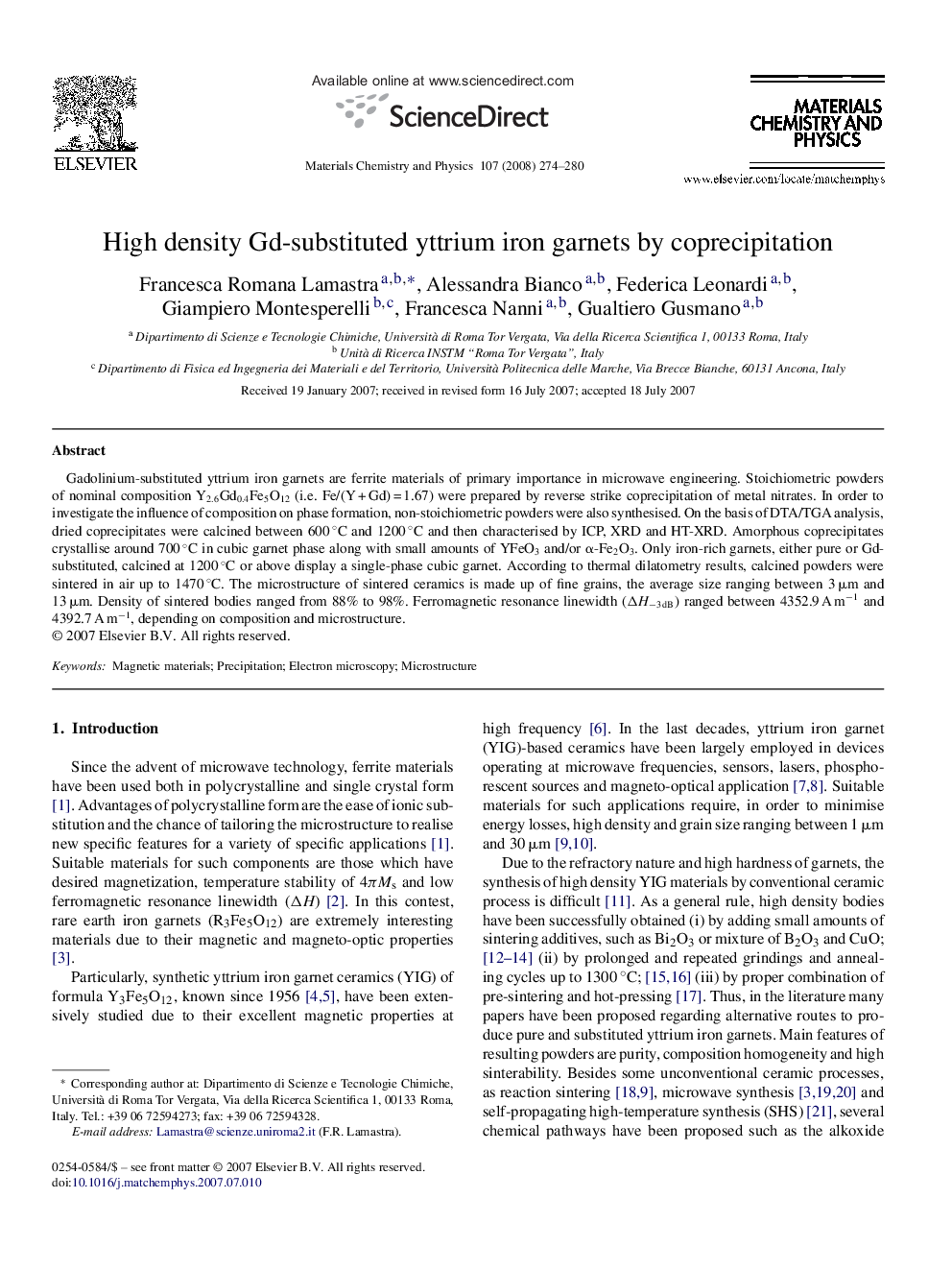High density Gd-substituted yttrium iron garnets by coprecipitation