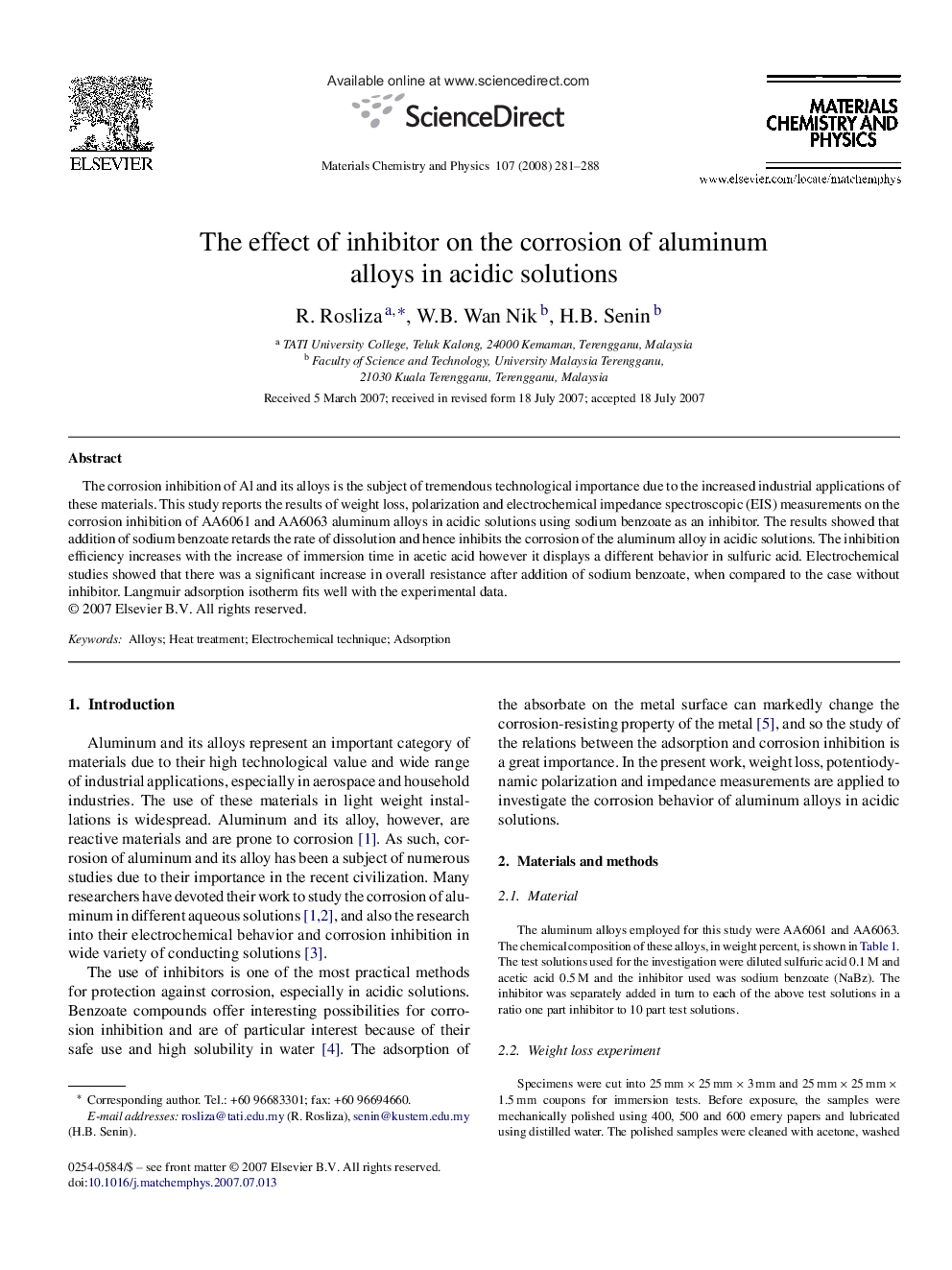 The effect of inhibitor on the corrosion of aluminum alloys in acidic solutions