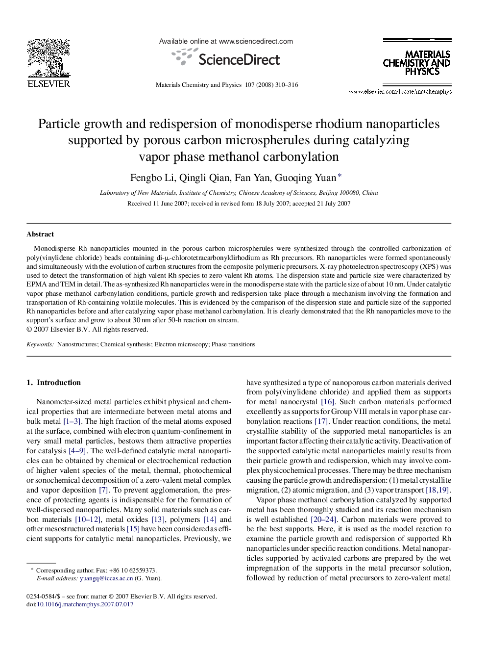 Particle growth and redispersion of monodisperse rhodium nanoparticles supported by porous carbon microspherules during catalyzing vapor phase methanol carbonylation