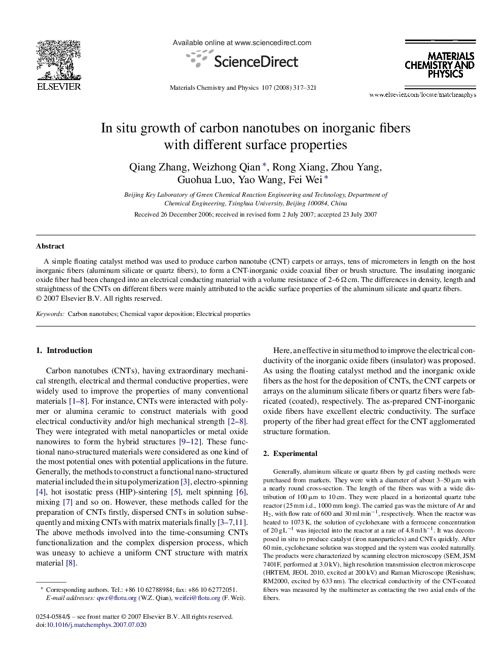 In situ growth of carbon nanotubes on inorganic fibers with different surface properties