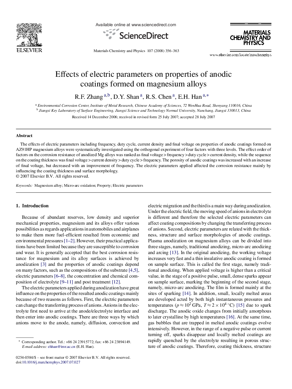 Effects of electric parameters on properties of anodic coatings formed on magnesium alloys