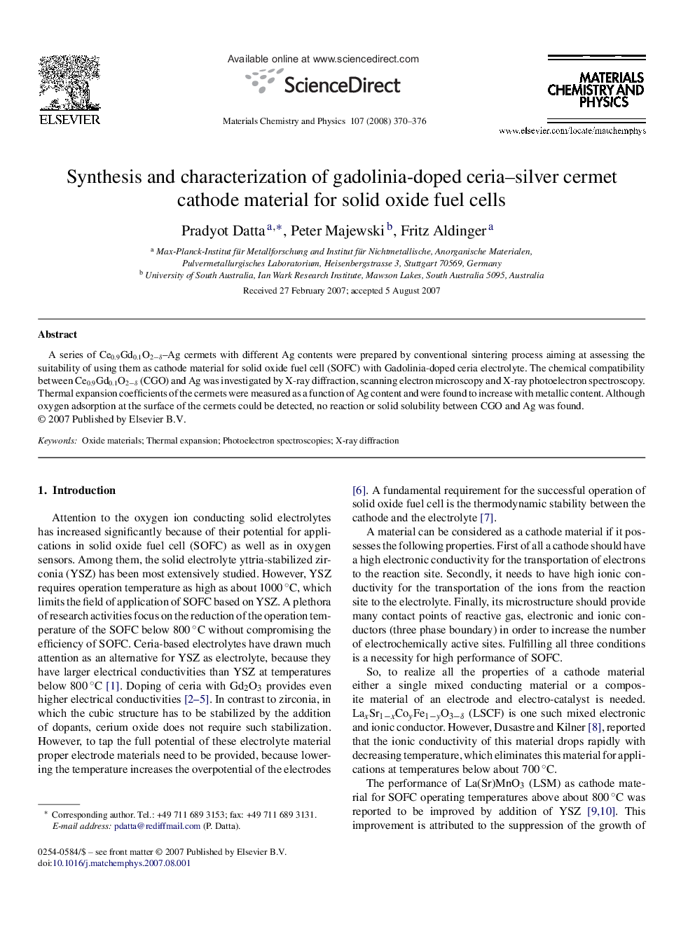 Synthesis and characterization of gadolinia-doped ceria–silver cermet cathode material for solid oxide fuel cells