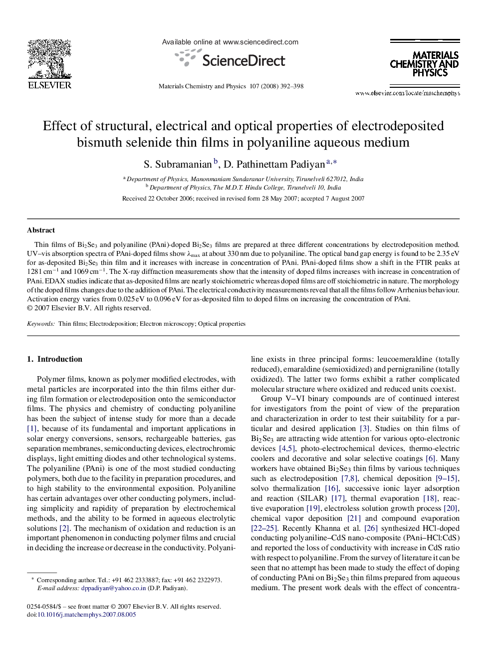 Effect of structural, electrical and optical properties of electrodeposited bismuth selenide thin films in polyaniline aqueous medium