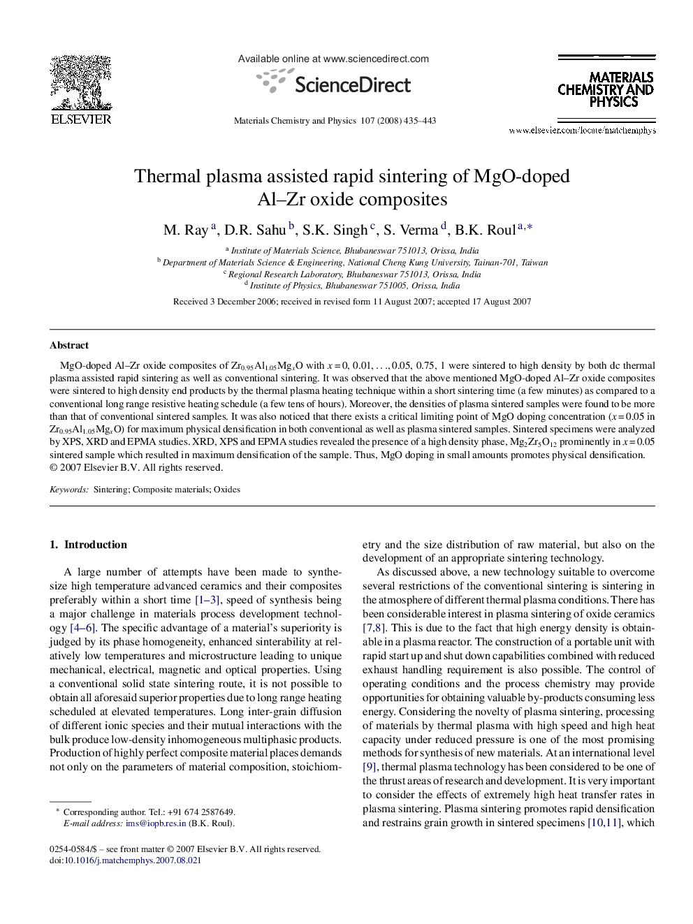 Thermal plasma assisted rapid sintering of MgO-doped Al–Zr oxide composites