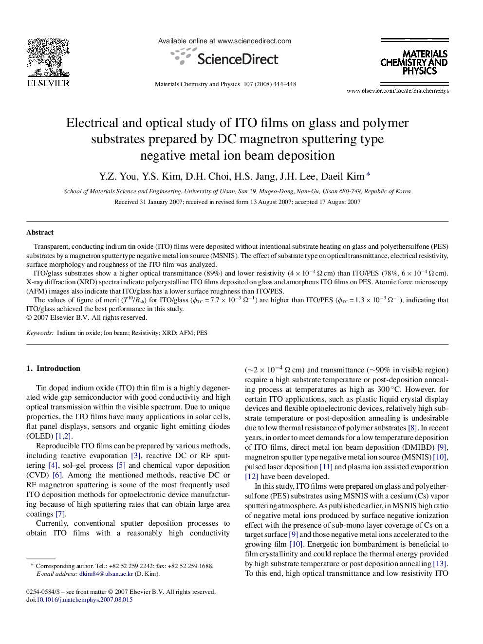 Electrical and optical study of ITO films on glass and polymer substrates prepared by DC magnetron sputtering type negative metal ion beam deposition