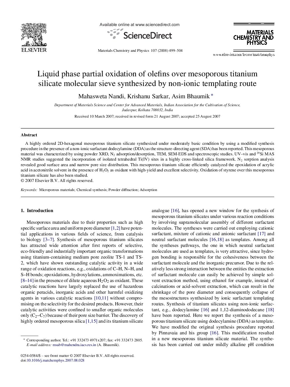 Liquid phase partial oxidation of olefins over mesoporous titanium silicate molecular sieve synthesized by non-ionic templating route