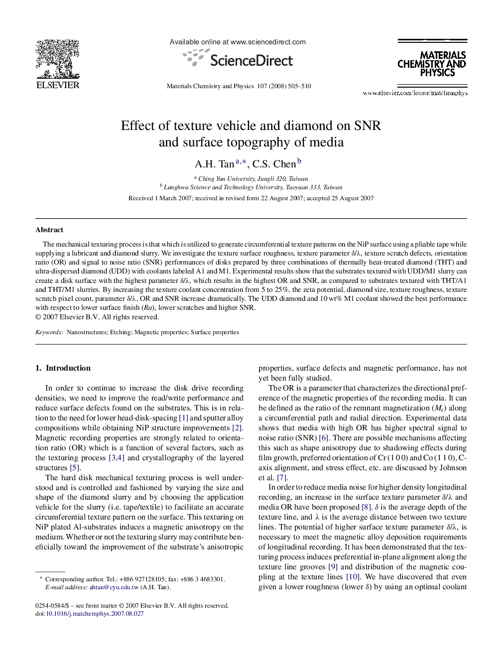 Effect of texture vehicle and diamond on SNR and surface topography of media