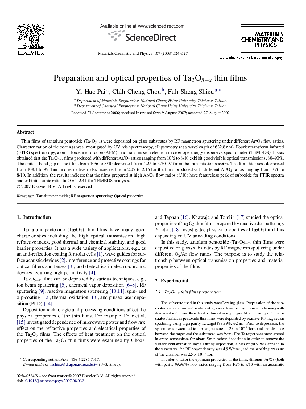 Preparation and optical properties of Ta2O5−x thin films