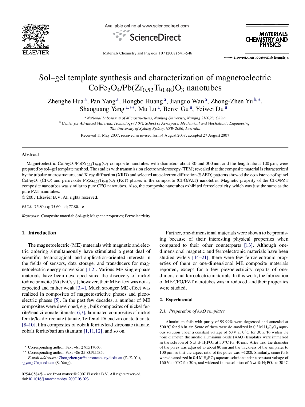 Sol–gel template synthesis and characterization of magnetoelectric CoFe2O4/Pb(Zr0.52Ti0.48)O3 nanotubes