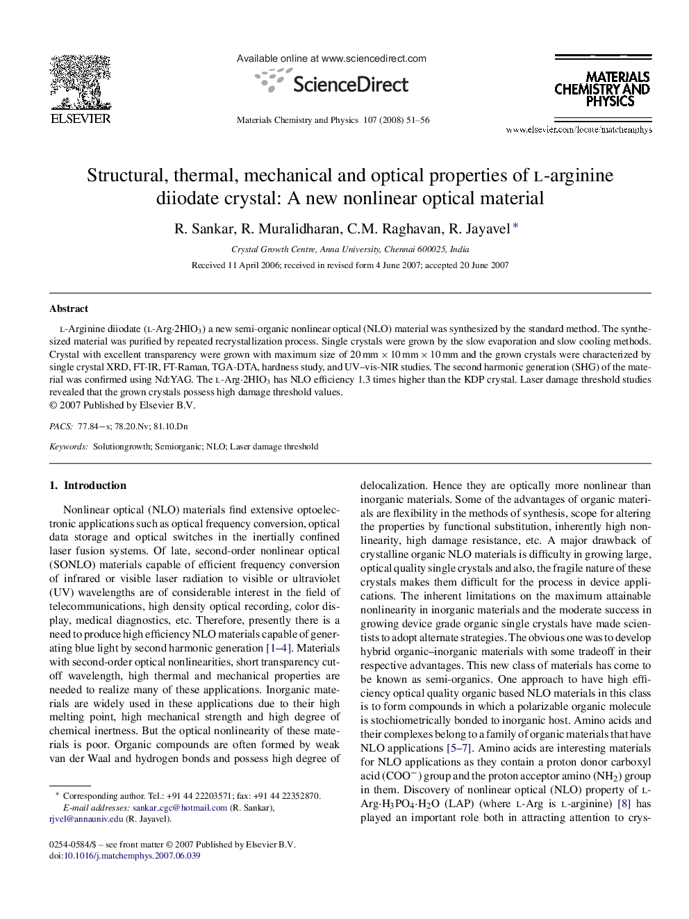 Structural, thermal, mechanical and optical properties of l-arginine diiodate crystal: A new nonlinear optical material