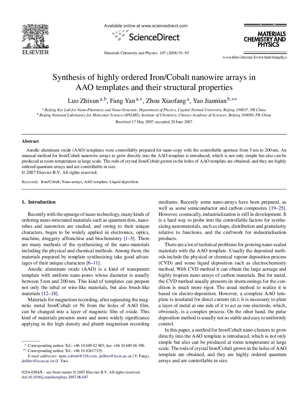 Synthesis of highly ordered Iron/Cobalt nanowire arrays in AAO templates and their structural properties