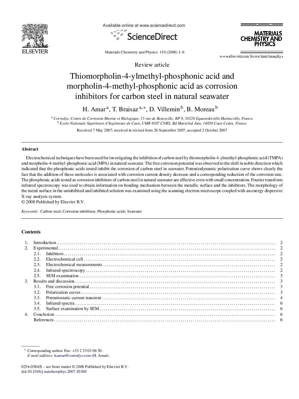 Thiomorpholin-4-ylmethyl-phosphonic acid and morpholin-4-methyl-phosphonic acid as corrosion inhibitors for carbon steel in natural seawater