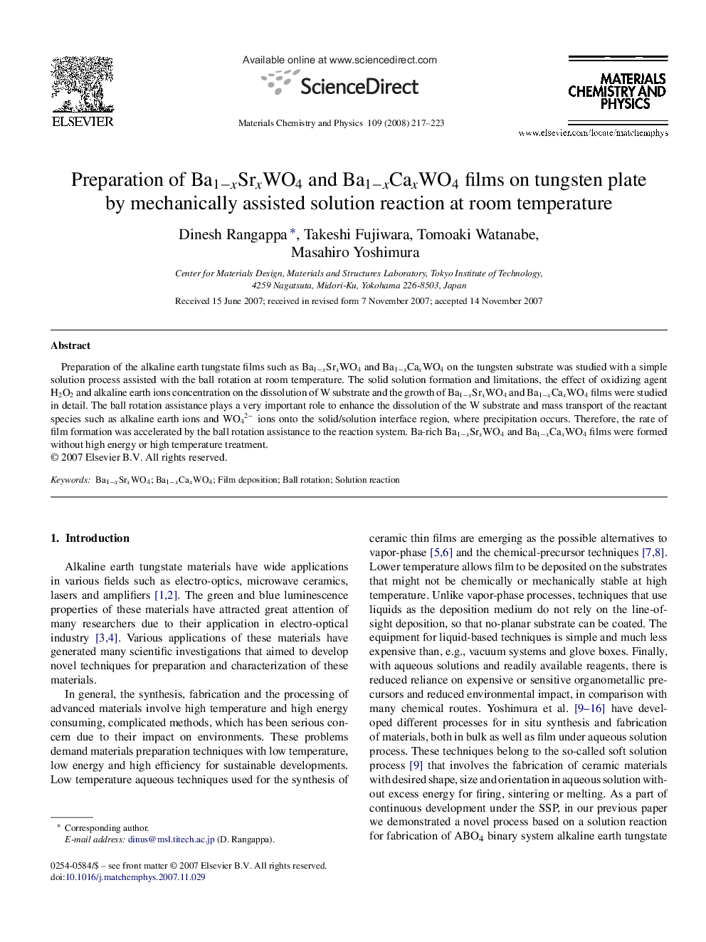 Preparation of Ba1âxSrxWO4 and Ba1âxCaxWO4 films on tungsten plate by mechanically assisted solution reaction at room temperature