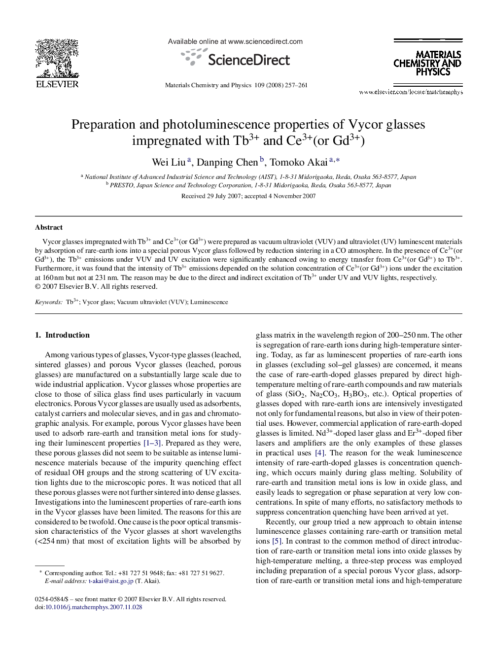 Preparation and photoluminescence properties of Vycor glasses impregnated with Tb3+ and Ce3+(or Gd3+)