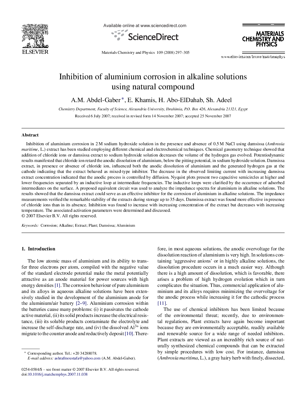 Inhibition of aluminium corrosion in alkaline solutions using natural compound