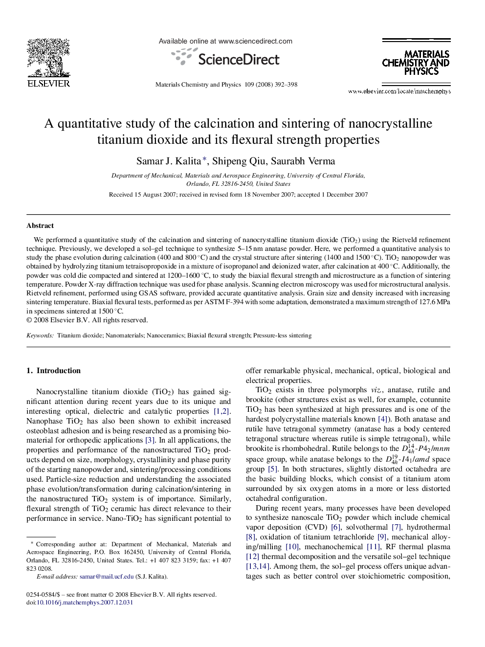 A quantitative study of the calcination and sintering of nanocrystalline titanium dioxide and its flexural strength properties