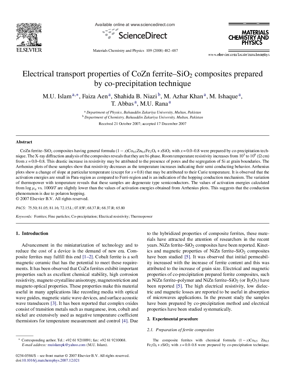 Electrical transport properties of CoZn ferrite–SiO2 composites prepared by co-precipitation technique