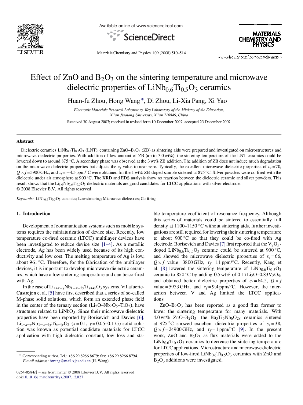 Effect of ZnO and B2O3 on the sintering temperature and microwave dielectric properties of LiNb0.6Ti0.5O3 ceramics