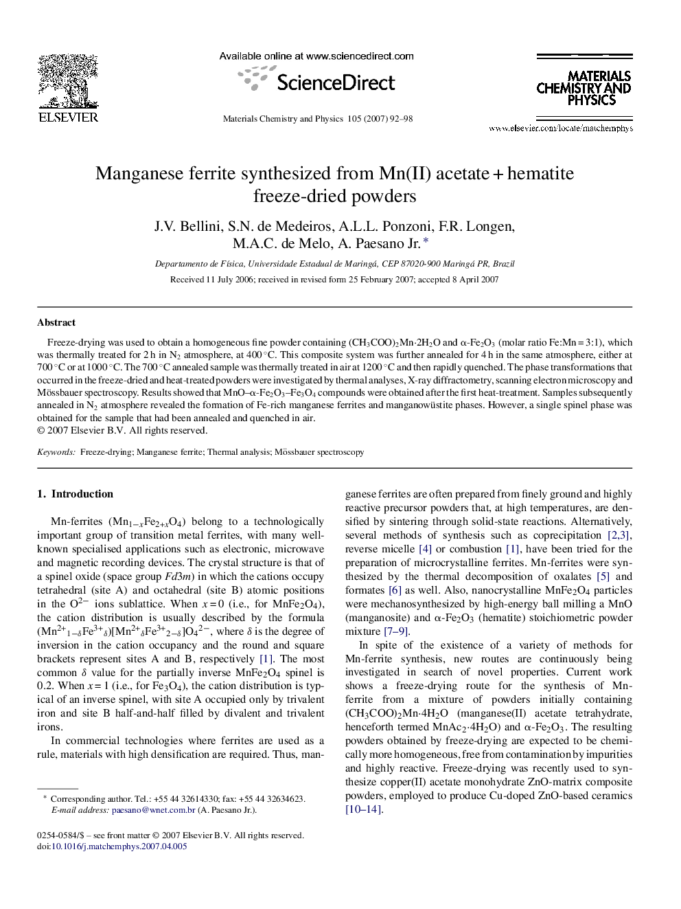 Manganese ferrite synthesized from Mn(II) acetate + hematite freeze-dried powders