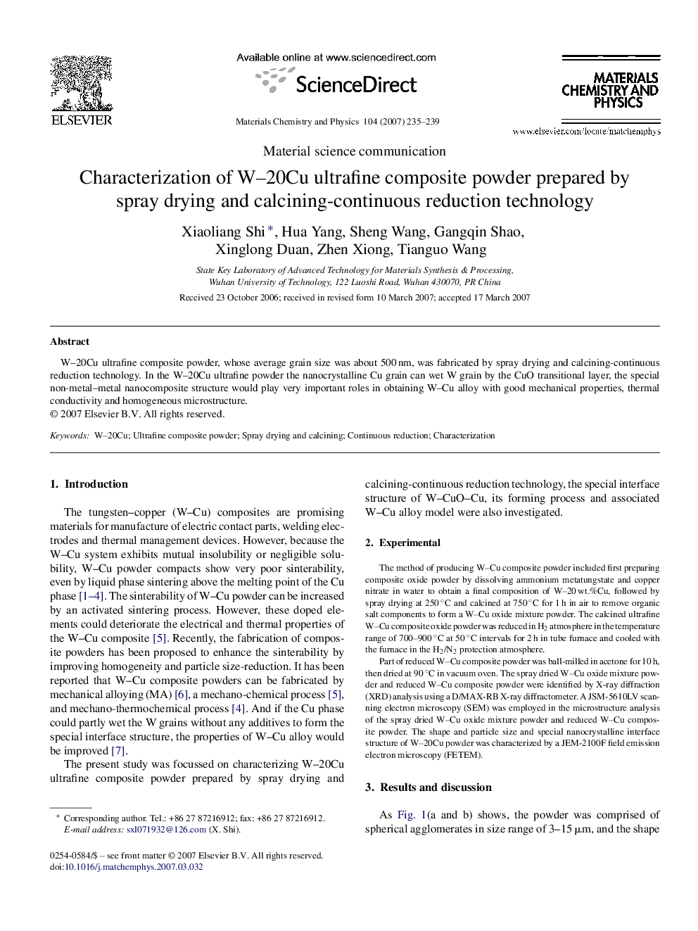 Characterization of W–20Cu ultrafine composite powder prepared by spray drying and calcining-continuous reduction technology