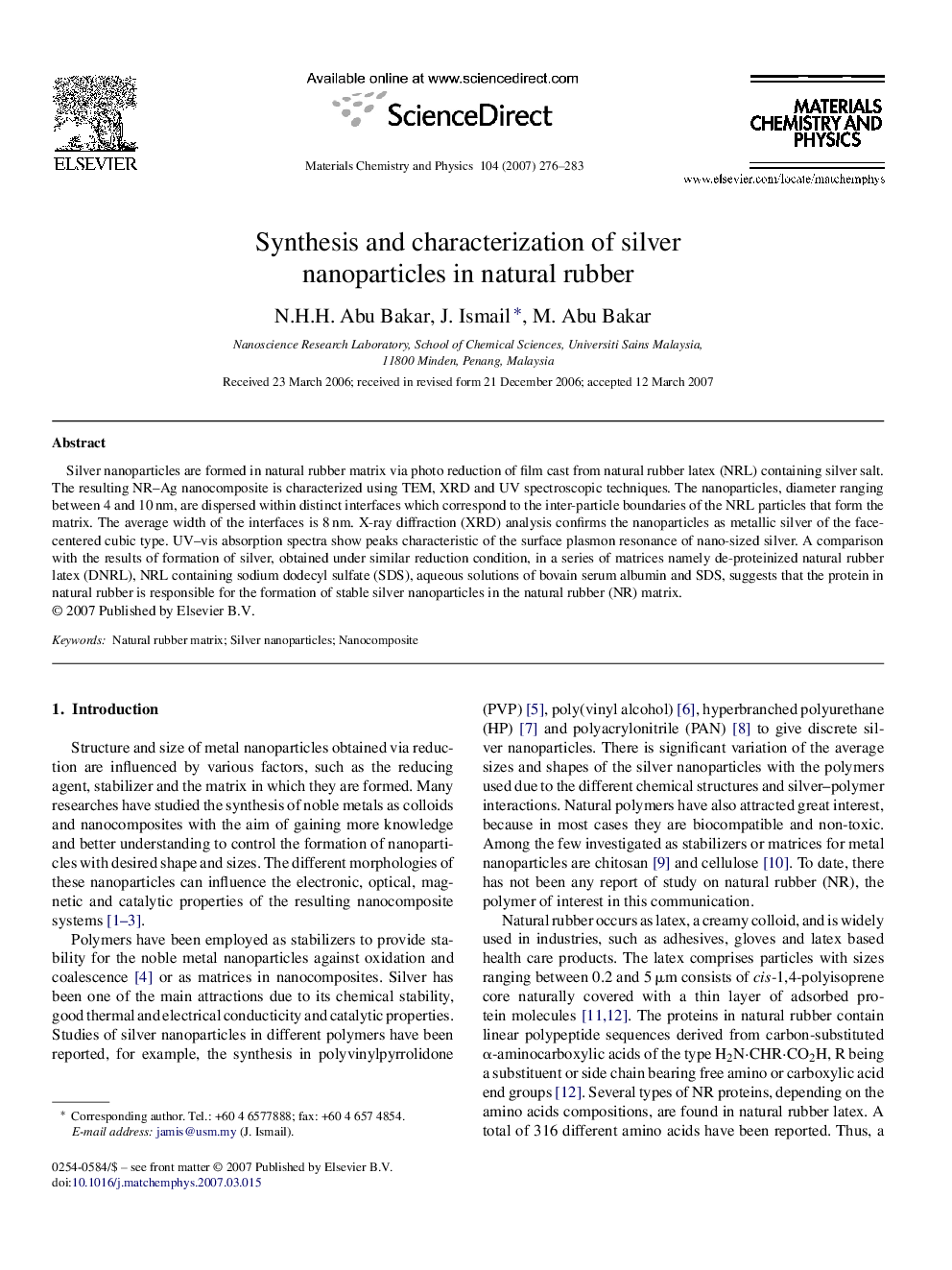 عکس صفحه اول مقاله: Synthesis and characterization of silver nanoparticles in natural rubber Synthesis and characterization of silver nanoparticles in natural rubber