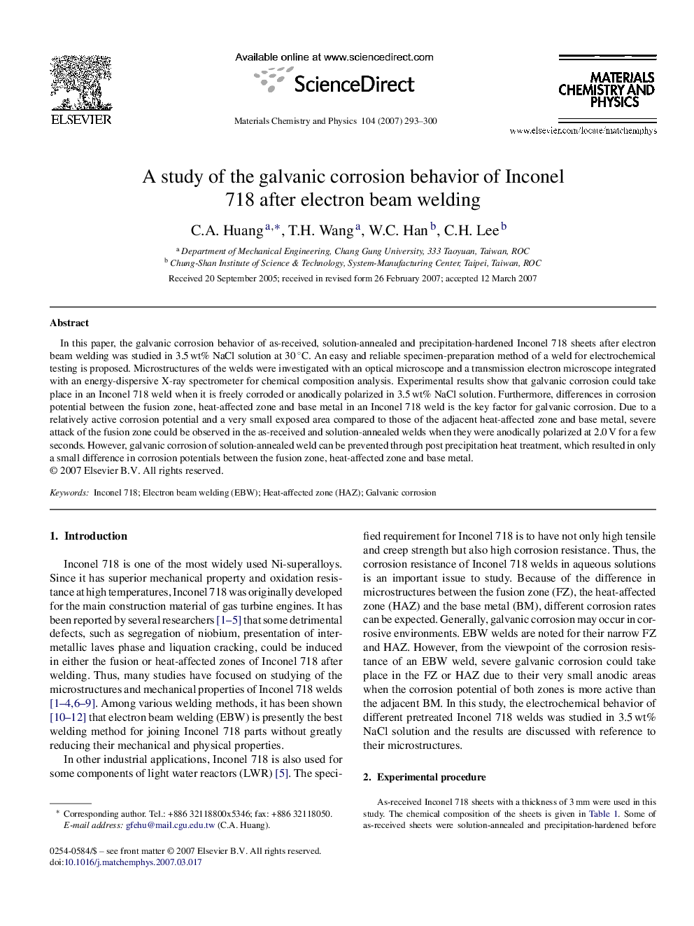 A study of the galvanic corrosion behavior of Inconel 718 after electron beam welding