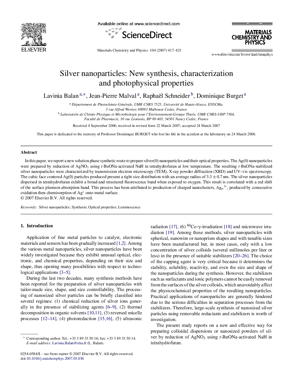 Silver nanoparticles: New synthesis, characterization and photophysical properties