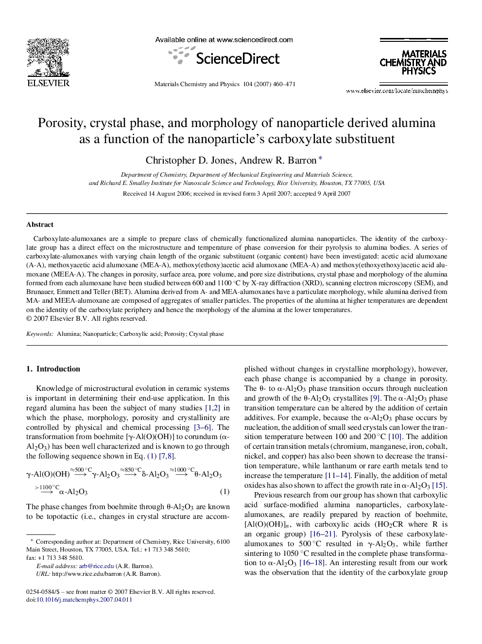 Porosity, crystal phase, and morphology of nanoparticle derived alumina as a function of the nanoparticle's carboxylate substituent