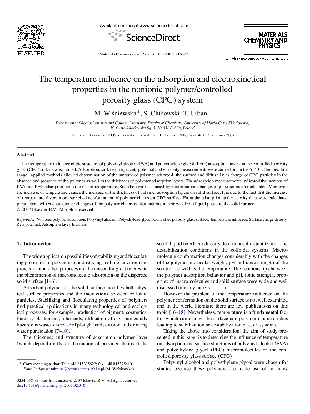 The temperature influence on the adsorption and electrokinetical properties in the nonionic polymer/controlled porosity glass (CPG) system