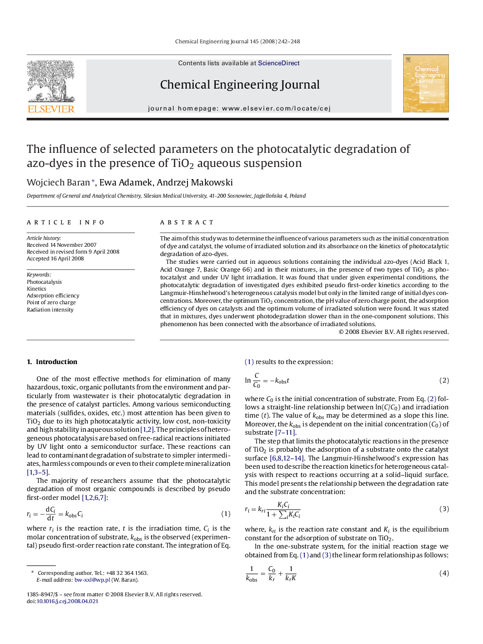 The influence of selected parameters on the photocatalytic degradation of azo-dyes in the presence of TiO2 aqueous suspension