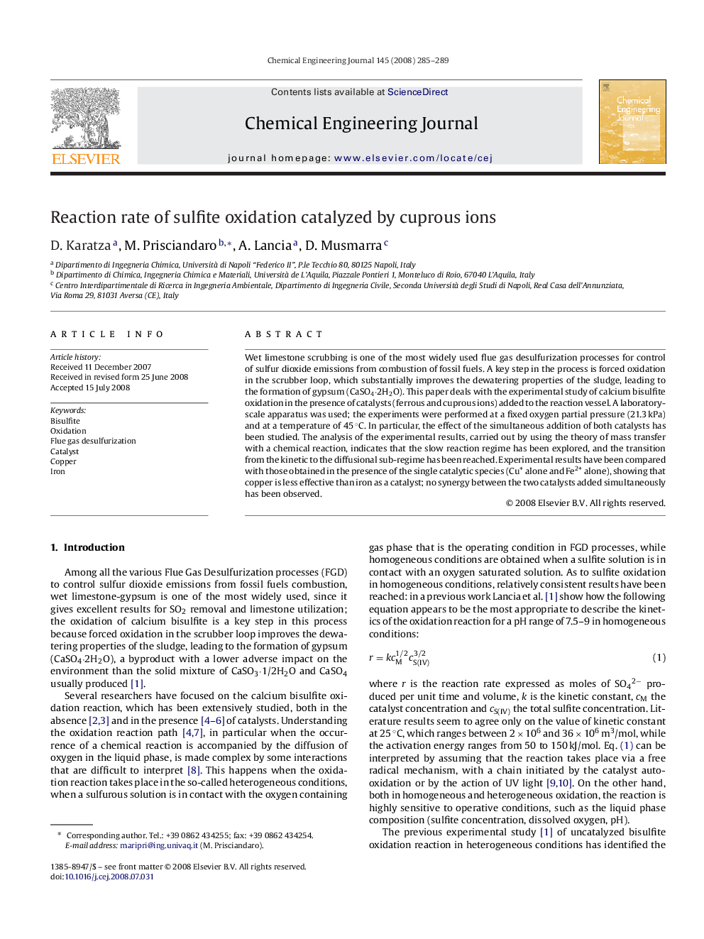 Reaction rate of sulfite oxidation catalyzed by cuprous ions