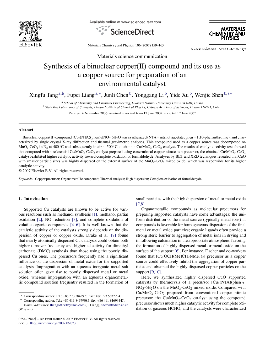 Synthesis of a binuclear copper(II) compound and its use as a copper source for preparation of an environmental catalyst