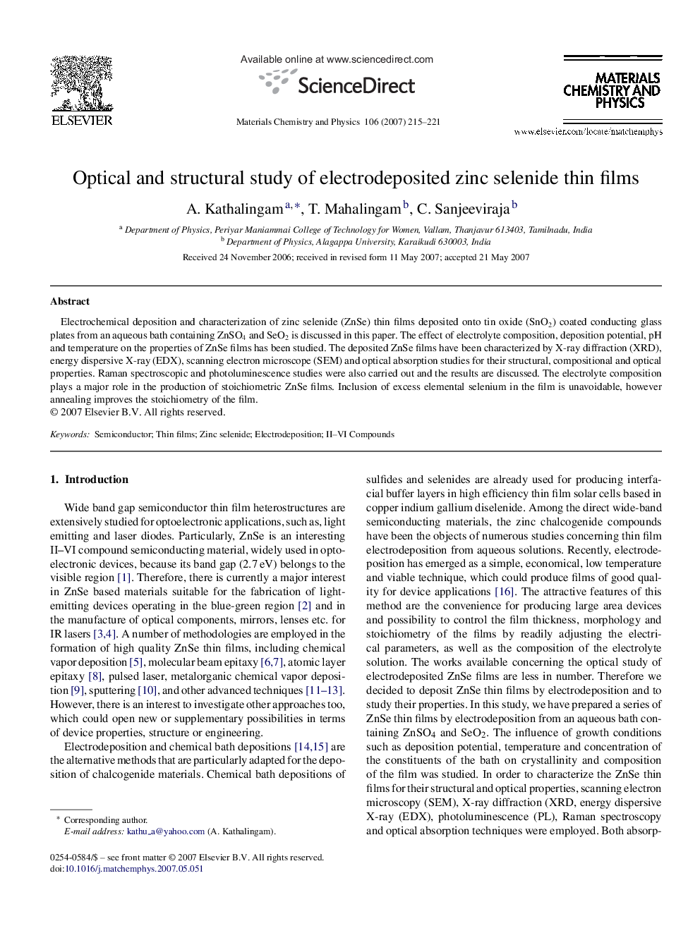 Optical and structural study of electrodeposited zinc selenide thin films