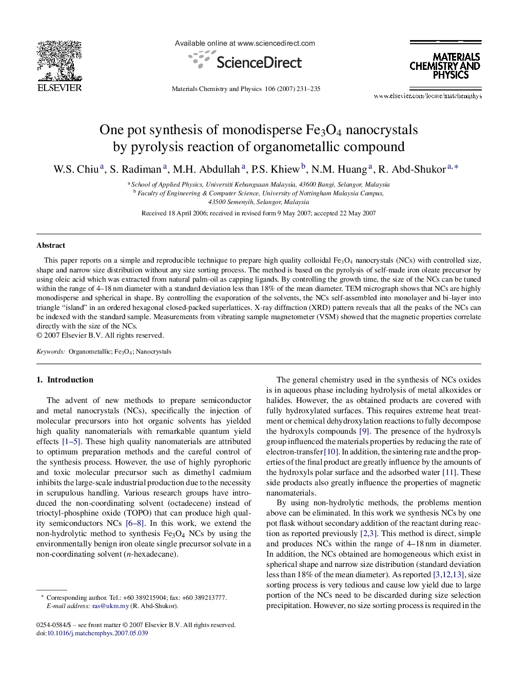 One pot synthesis of monodisperse Fe3O4 nanocrystals by pyrolysis reaction of organometallic compound