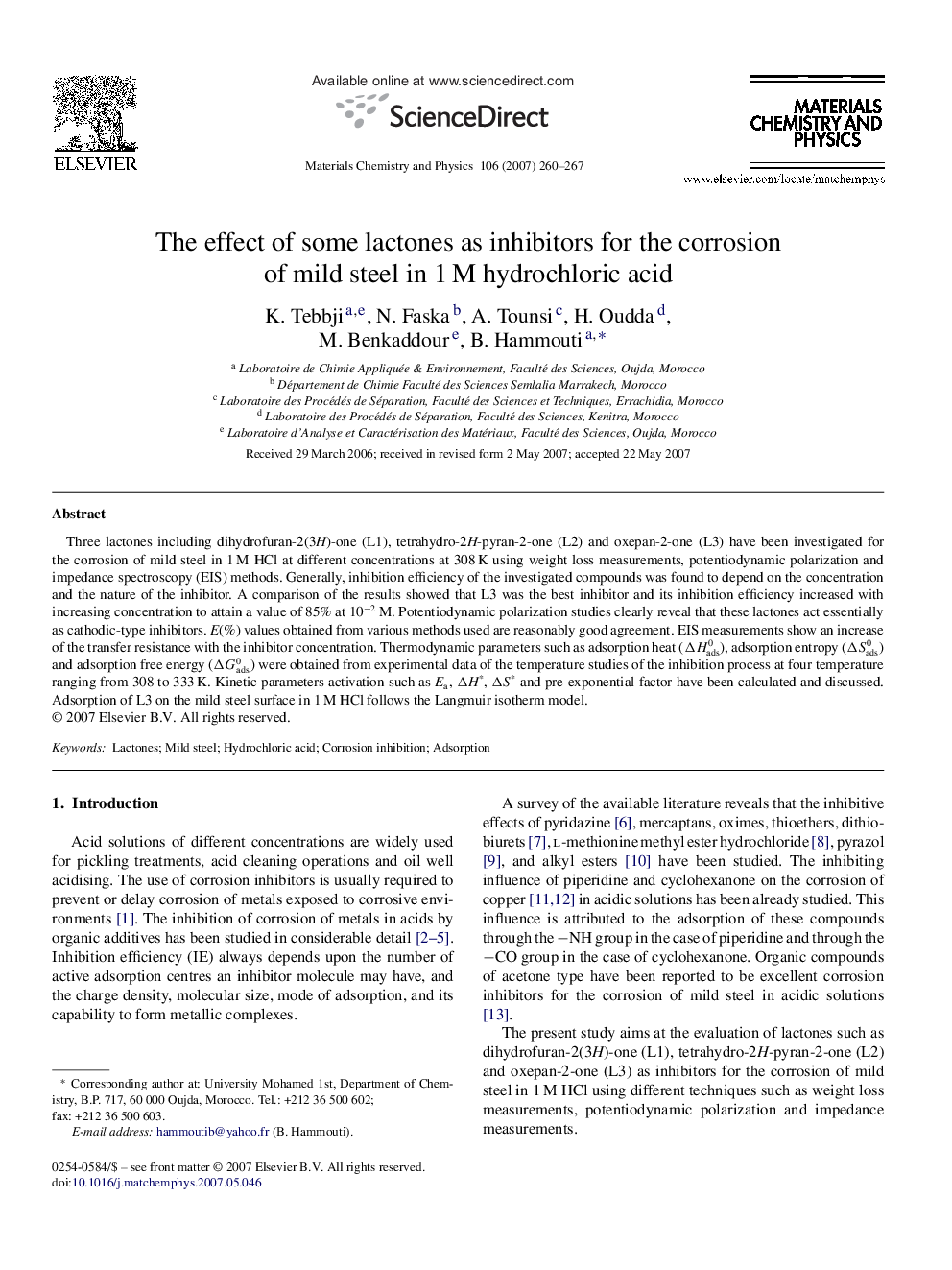 The effect of some lactones as inhibitors for the corrosion of mild steel in 1 M hydrochloric acid