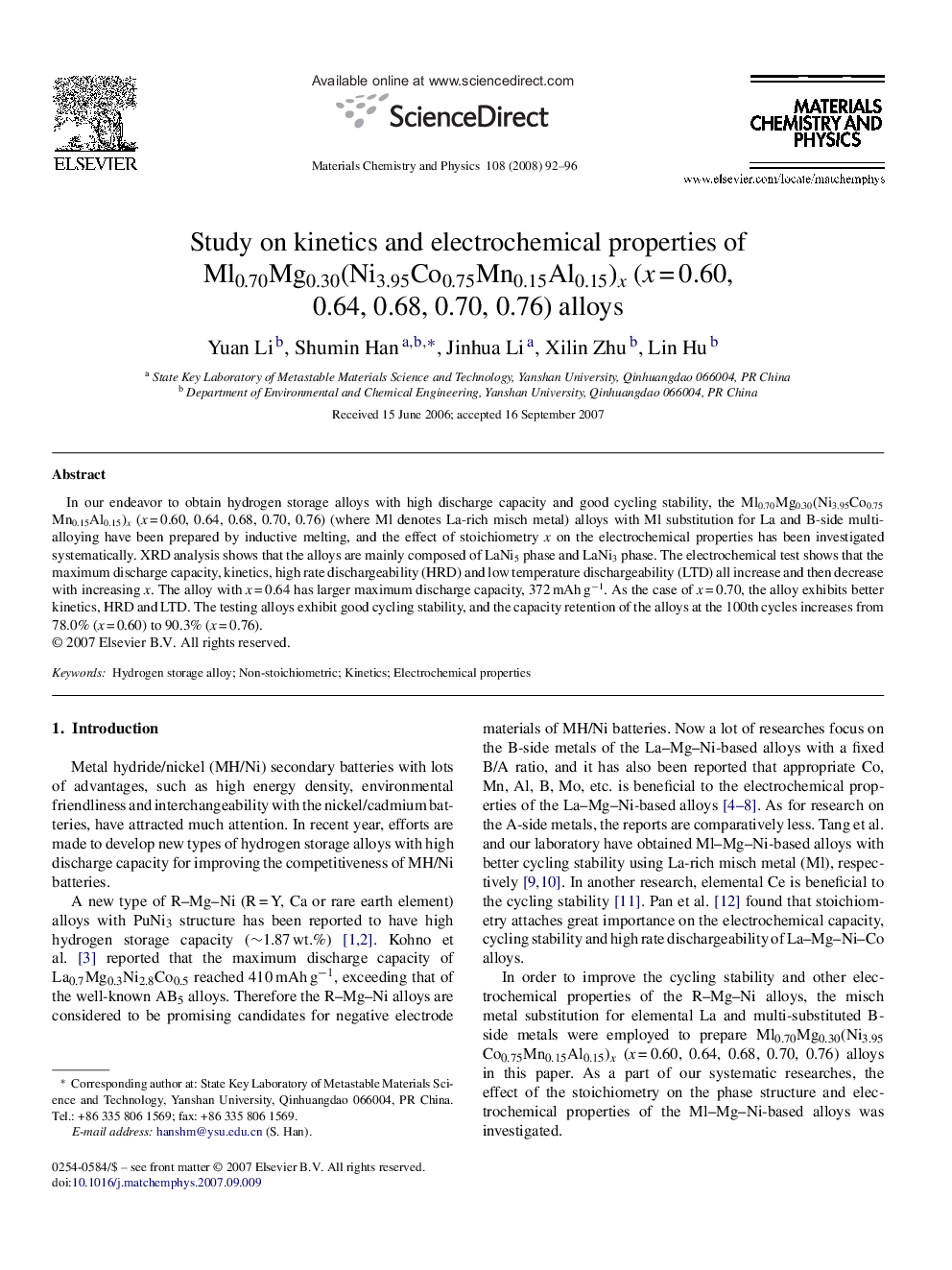 Study on kinetics and electrochemical properties of Ml0.70Mg0.30(Ni3.95Co0.75Mn0.15Al0.15)x (x = 0.60, 0.64, 0.68, 0.70, 0.76) alloys