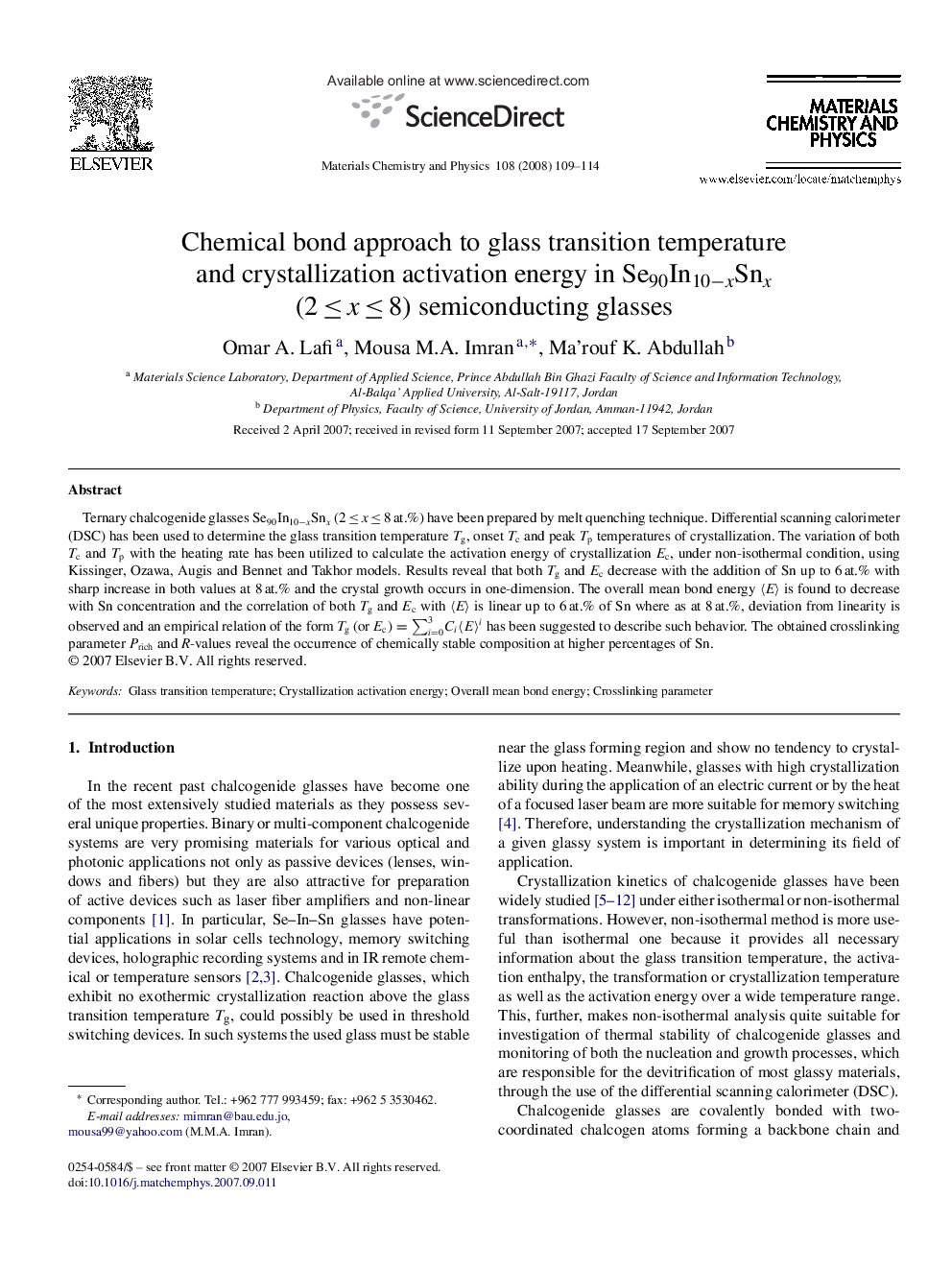 Chemical bond approach to glass transition temperature and crystallization activation energy in Se90In10−xSnx (2 ≤ x ≤ 8) semiconducting glasses