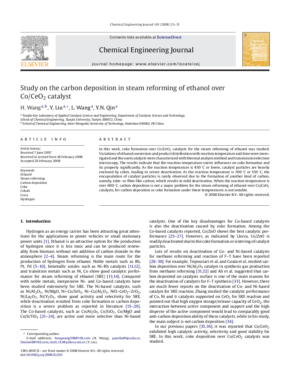 Study on the carbon deposition in steam reforming of ethanol over Co/CeO2 catalyst