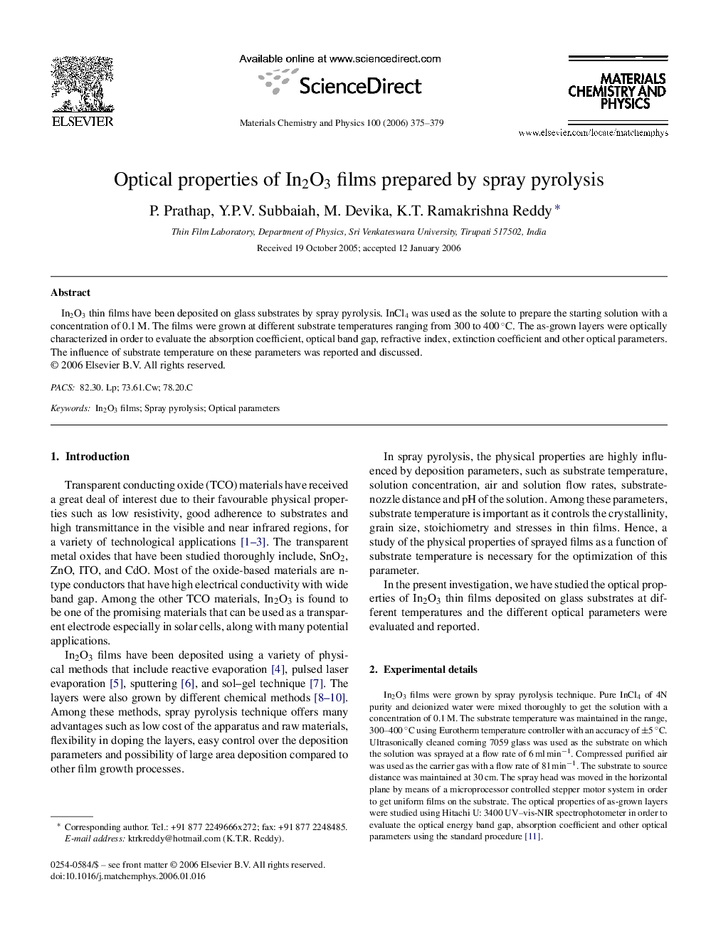 Optical properties of In2O3 films prepared by spray pyrolysis