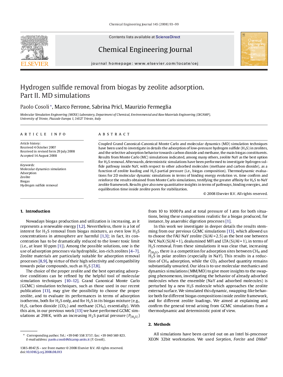 Hydrogen sulfide removal from biogas by zeolite adsorption. Part II. MD simulations